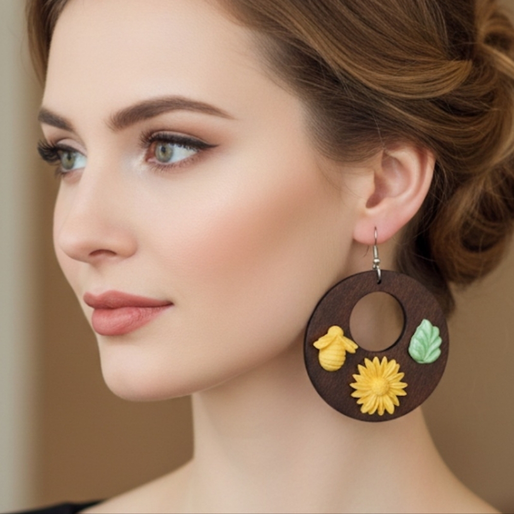 Floral Wooden Hoop Earrings